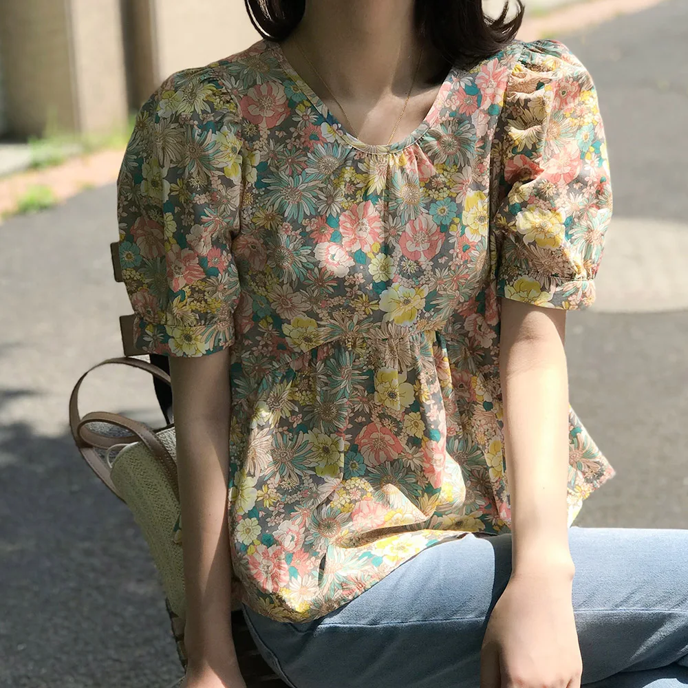 Japan Style Girls Kawaii Blouse Retro Floral Round Neck Pullover Shirt Women Puff Sleeve Loose Doll Summer Tops | Женская одежда