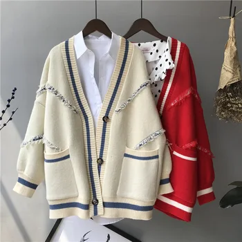 

Tassel Patchwork Knitted Sweater For Women Faux Cashmere Cardigan Autumn Winter Letter Pocket Feminino Coat Oversized Sweaters