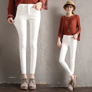 

White Jeans Women High Waist Stretch Skinny Denim Pants Black Blue Korean Fashion Crop Pants Casual Ladies Korean Elastic 2020