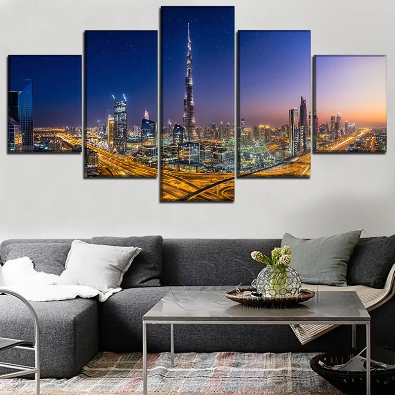 

5 Panel Print Poster Urban Night Scene Painting Wall Art Dubai City Canvas Picture Home Decoration For Living Room Bedroom Mural