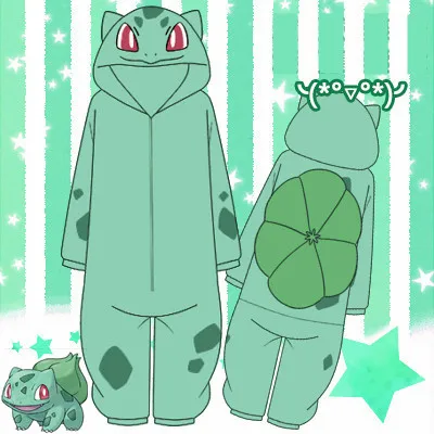 

New Pokemon Bulbasaur Cosplay Costumes Pocket Monster Pajamas Flannel Tail Lotus Leaf Hooded Jumpsuits Sleepwear Button Bathrobe