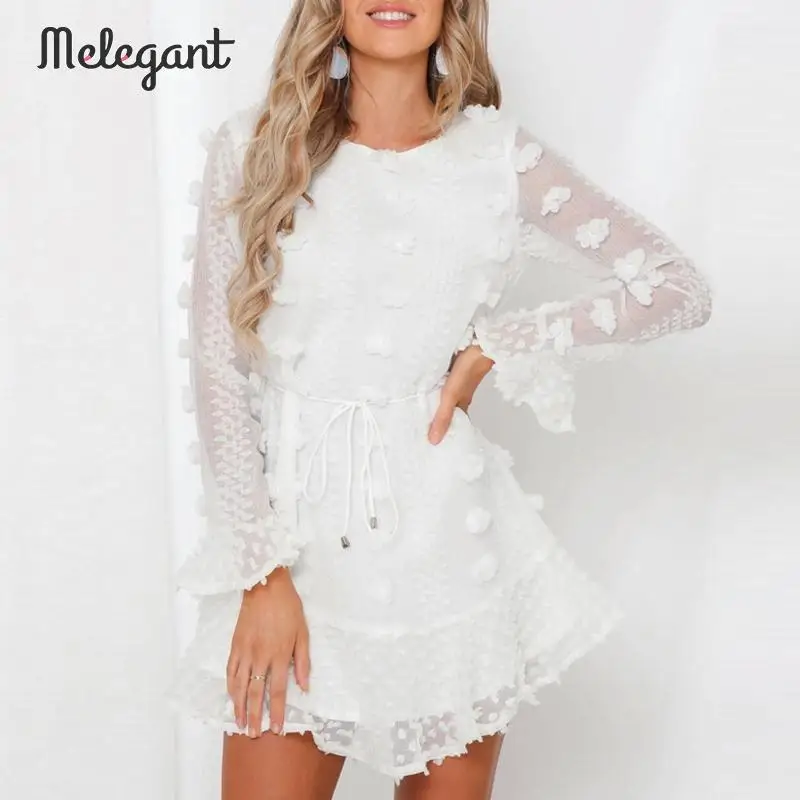 

Melegant Party Elegant White Women Dress Transparent Sleeve Female Ruffles Dresses Autumn Winter 2019 Short Dress Vestidos
