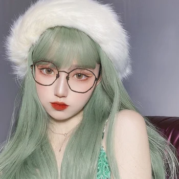 

AILIADE Wigs Green 45CM 18inches Medium Length Synthetic Straight Bangs Heat Resistant Wigs For African American Women Cosplay
