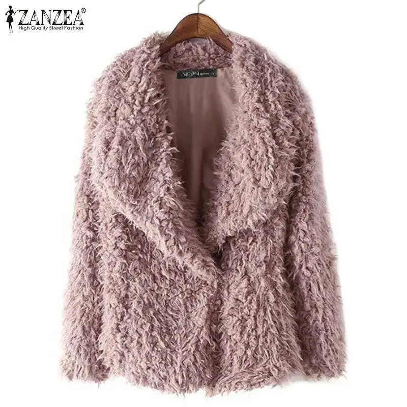 lower price  2019 Winter Long Sleeve Jackets ZANZEA Women Fluffy Fur Coat Solid Lapel Warm Outwear Autumn Casual