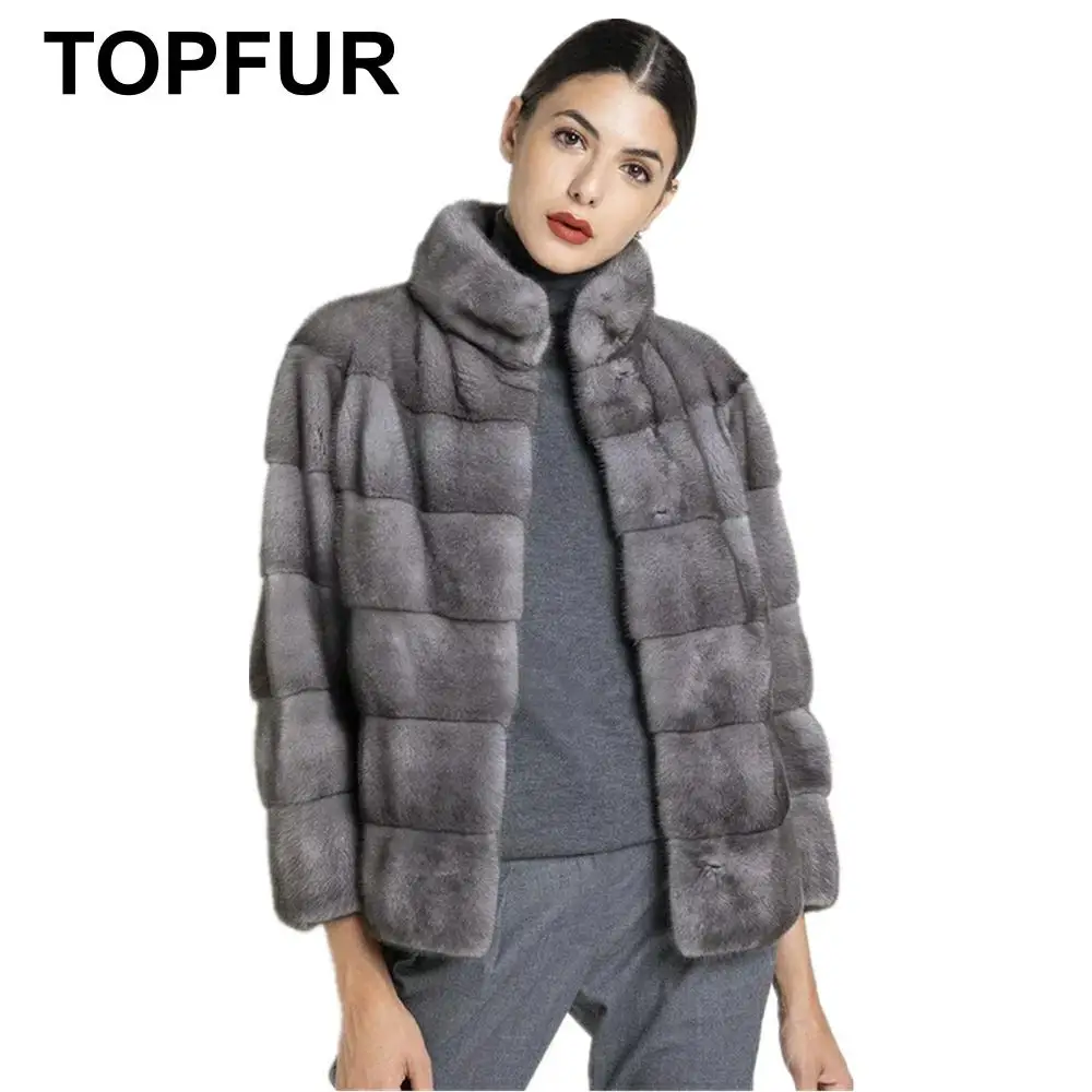 Женская кожаная куртка на натуральном меху TOPFUR серая короткая размера плюс с
