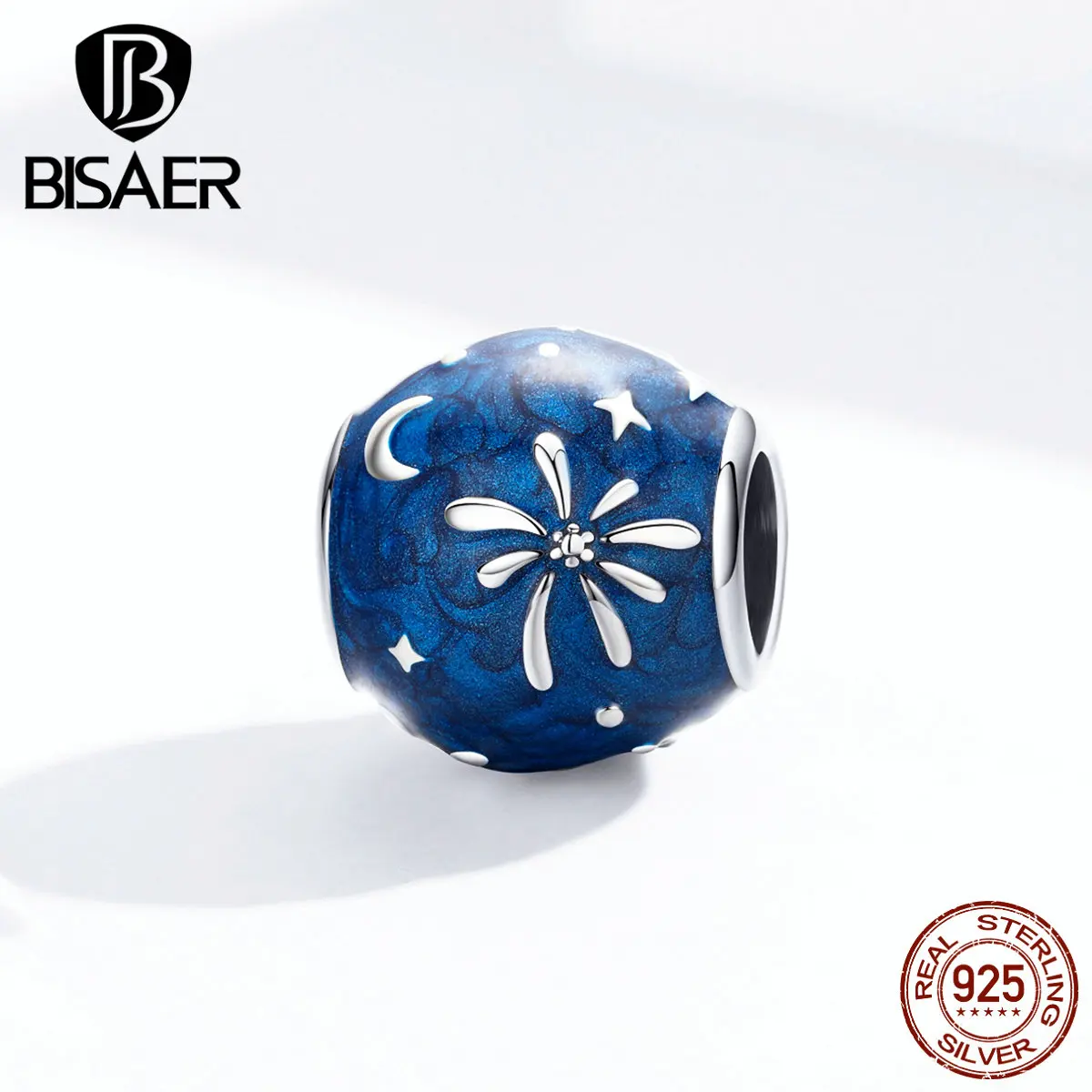 Firework Beads BISAER 925 Sterling Silver Blue Enamel Star Moon Charms fit Bracelets Jewelry EFC132 | Украшения и аксессуары