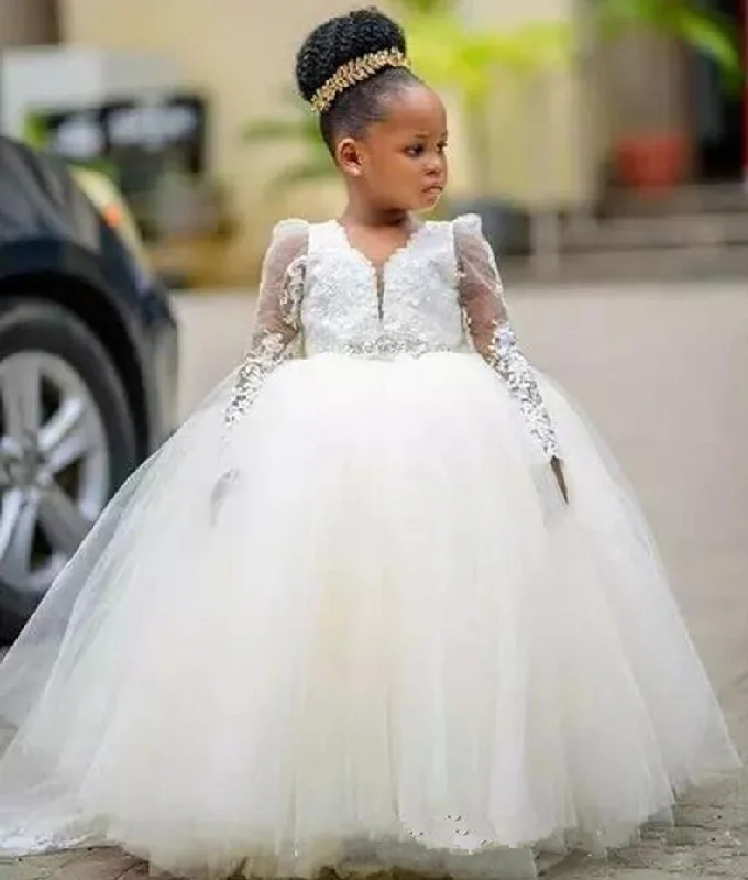 Ball Gown Flower Girl Dresses For Weddings Long Sleeve Little Girl Pageant Dresses With Beads Sash V Neck Flower Kids PartyBirthday Gowns