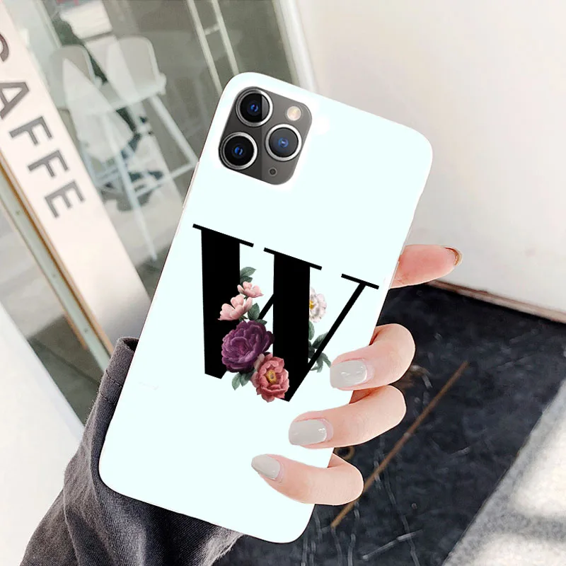 TPU Белый мягкий чехол из ТПУ с надписью Monogram A J K Q Алфавит цветы для iPhone 11 11PRO MAX X 6S Plus 7 Plus XR MAX цветочный чехол - Цвет: TPU