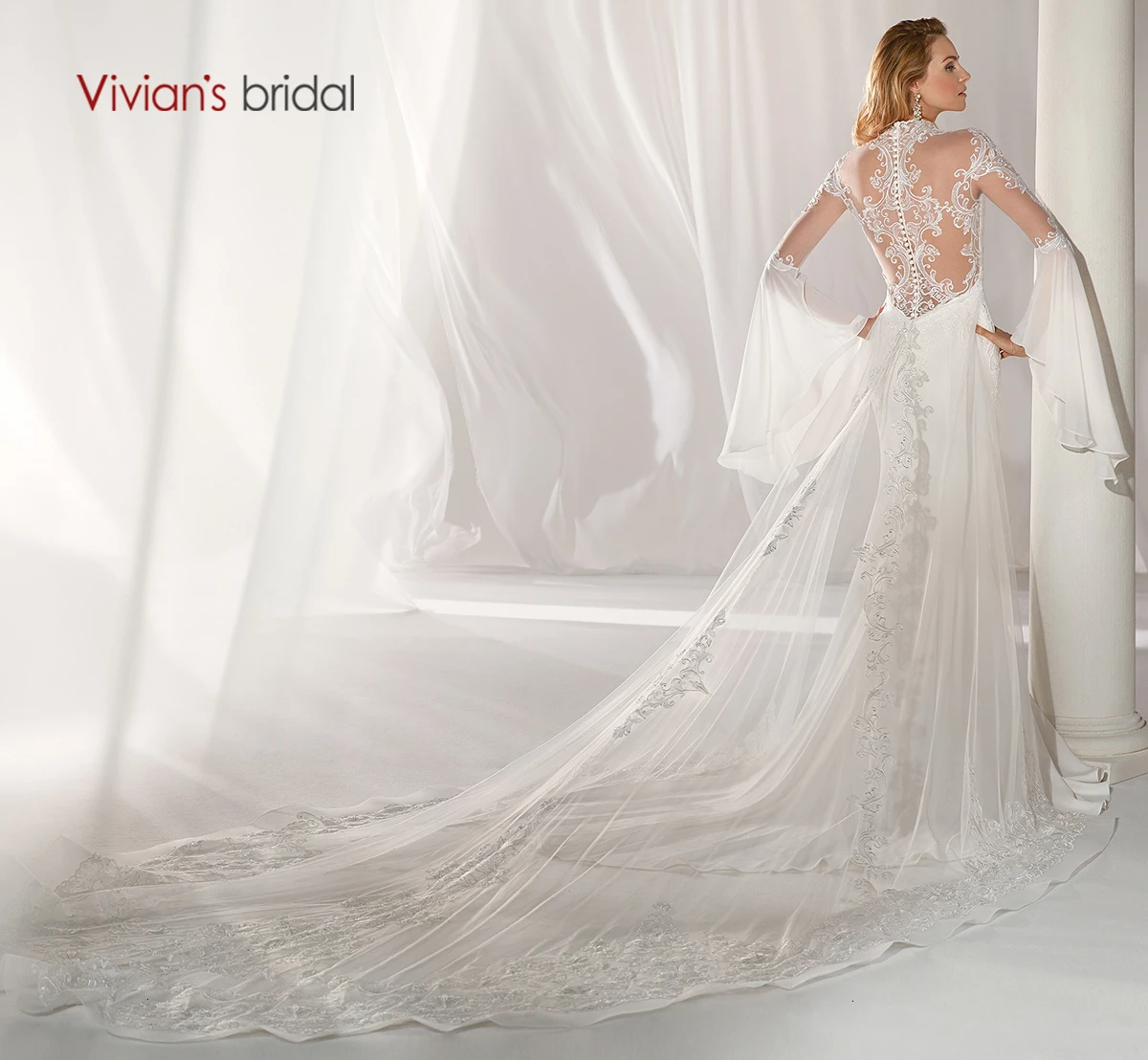 Vivian's Bridal Refective атласное с юбкой-русалкой свадебное платье современное с высокой горловиной Иллюзия сетка Съемный Поезд с расклешенными рукавами свадебное платье