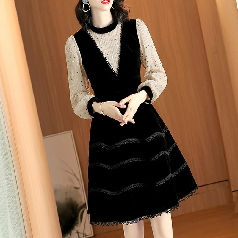 

Europe And America Gold Velvet Dress Women's Autumn And Winter 2020 Spring New Style Mock Two-Piece Joint Waist Hugging Base Ski