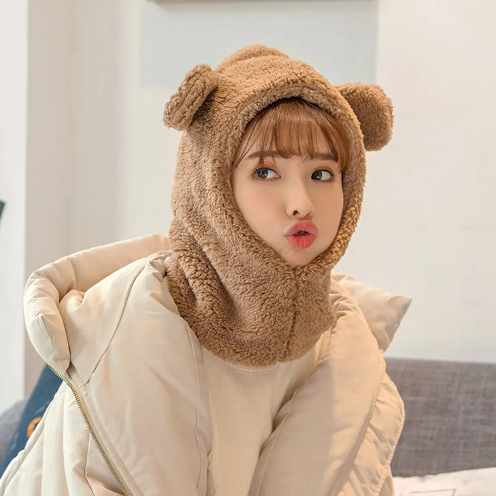Fashion Accessories Winter Warm Earflap Hood Full-Cover Face Mask Women Cute Fleece Scarf Hat Windproof Protective Neck Hat