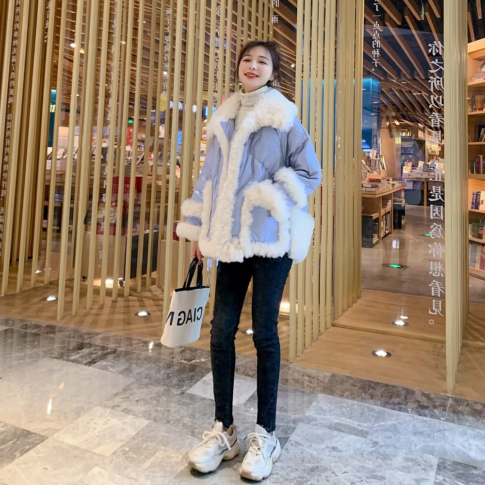 

Photo Shoot Sense of Design Lambs Wool Joint Bright Surface Cotton Overcoat 2019 Winter New Style Retro Big Pocket Cotton Coat W