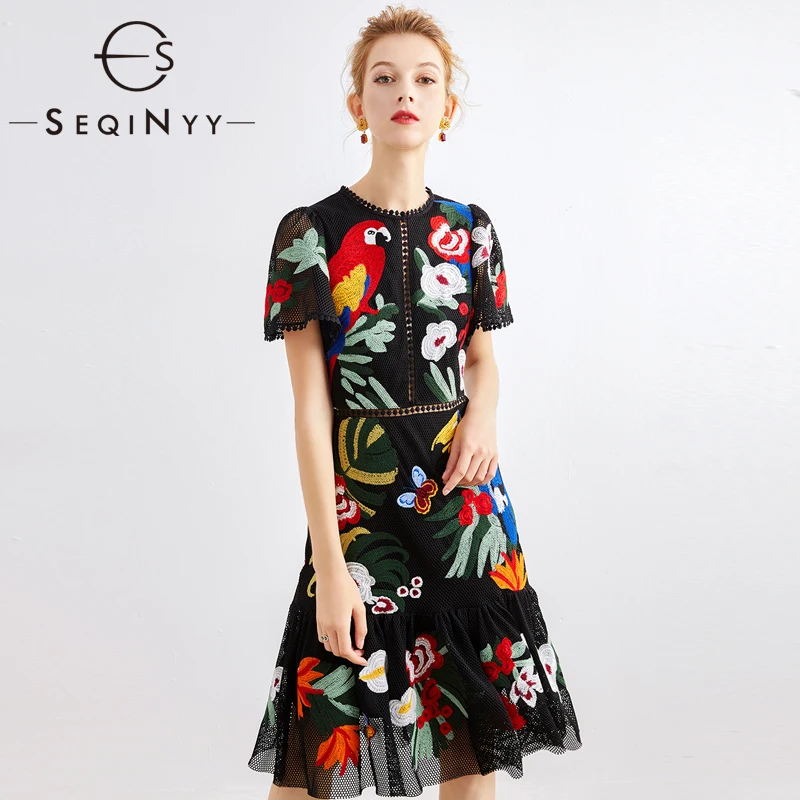 

SEQINYY Sicily Dress 2020 Summer Spring New Fashion Design Women Short Sleeve Embroidery Flowers Lace Black Mesh Slim Dress