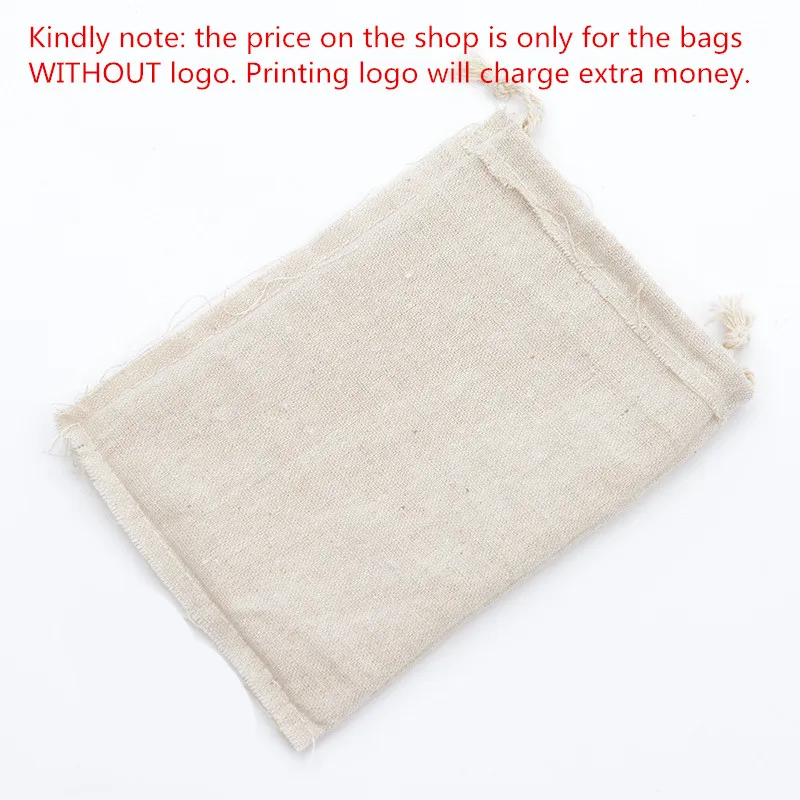50pcs/Lot Natural Linen Cotton Bags Big Drawstring Gift Pouches Home Storage Christmas Wedding Packaging Bag Custom Print Logo
