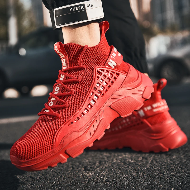 Baideng Thick Bottom Men Athletic Footwear High Top Cool Man Running Shoes Boots Outdoors Non-slip Comfortable Red Sneakers 46 | Спорт и