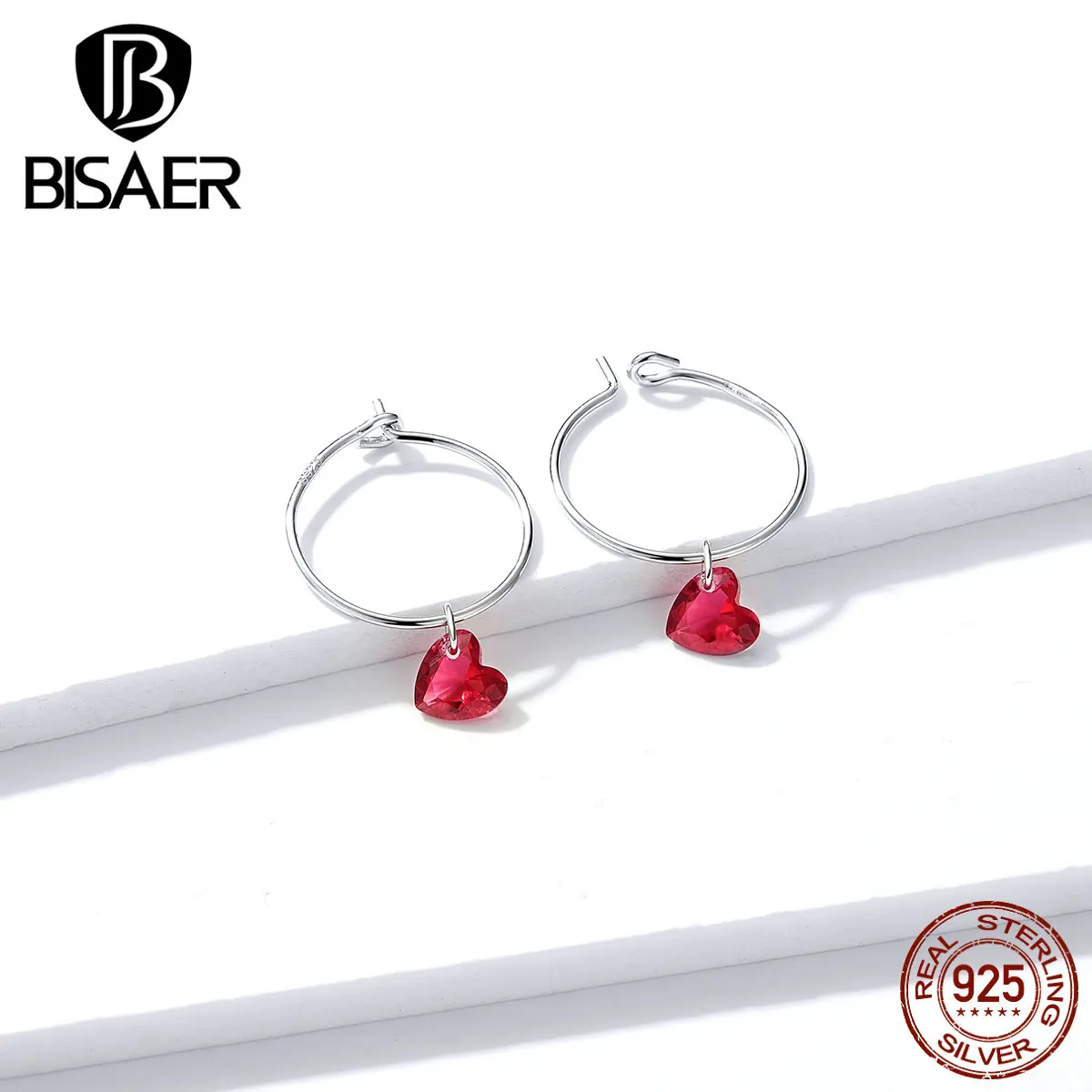 Большие круглые серьги, BISAER, 925 пробы, серебро, гипербола, розовый кубический циркон, любовь, сердце, серьги-гвоздики для женщин, ювелирное изделие EFE317