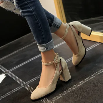 

Black Apricot Ankle Buckle Strap Office Lady Dress Block Heel Womens Shoes Summer 2019 Flock Eleant Career Pumps Women
