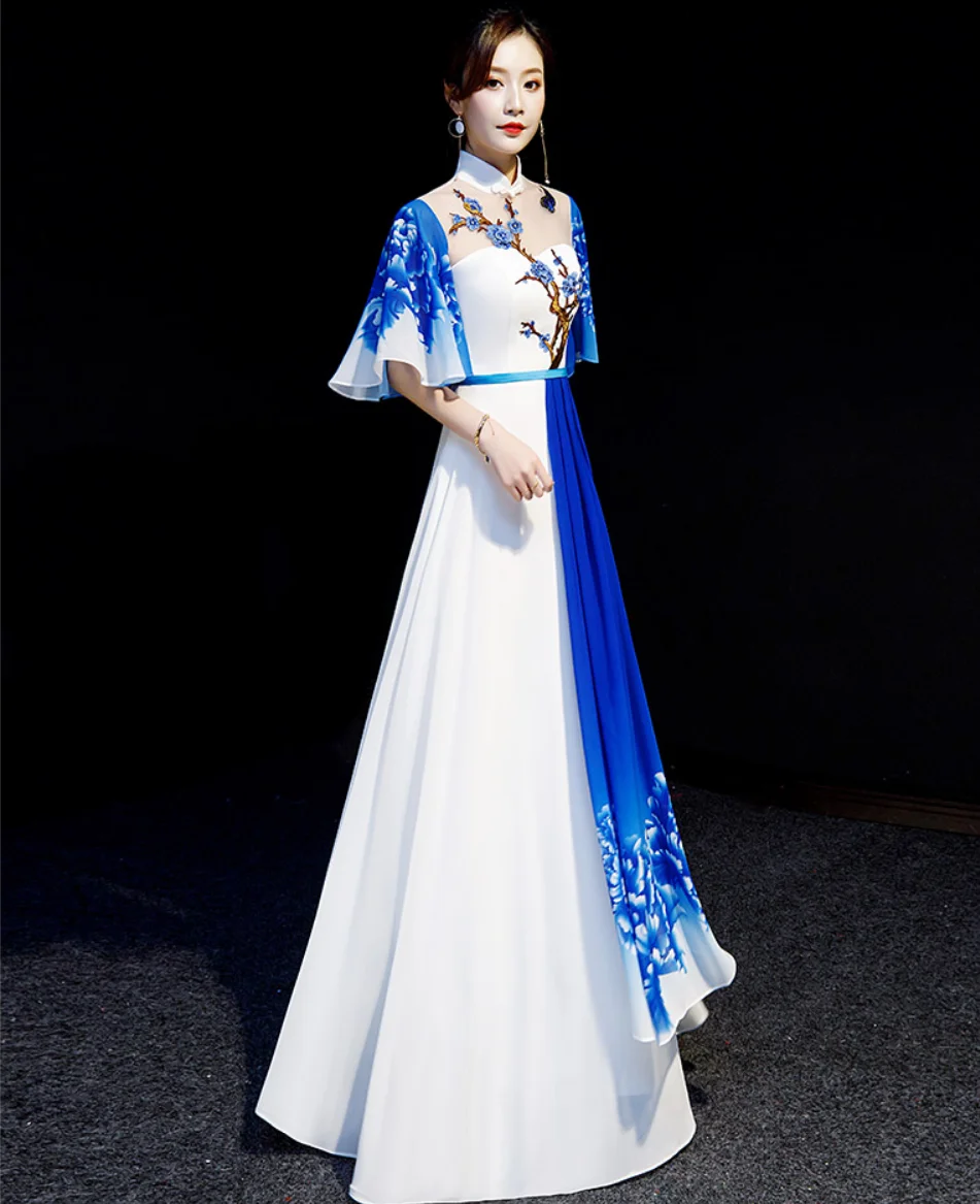 Китайский Улучшенный чёнсам Vestidos женский тонкий Qipao элегантный платок длинное вечернее платье guzheng сценические шоу