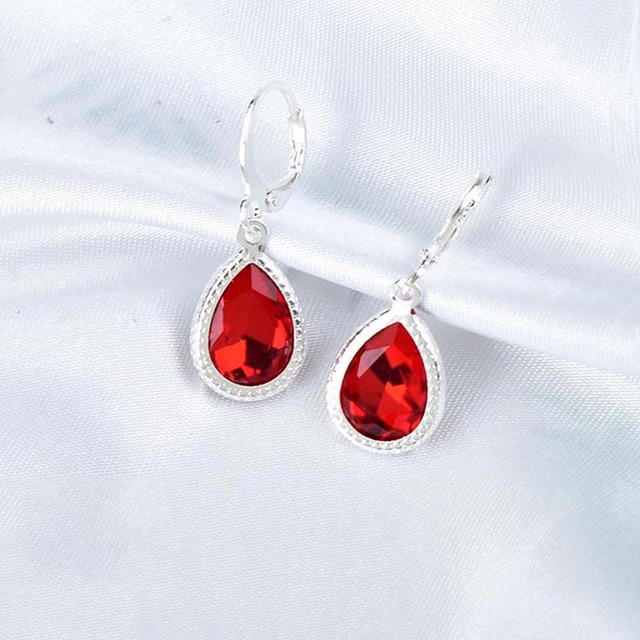 Geometric Crystal Water Drop Earrings For Women Silver Color Red Blue Jewelry Bridal Gift Boucle D'Oreille Femme