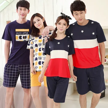 

Couples Cute Cartoon Short Sleeve Pajamas Sets for Women 2020 Summer Thin Cotton Shorts Sleepwear Suit Men Homewear Pijama Mujer