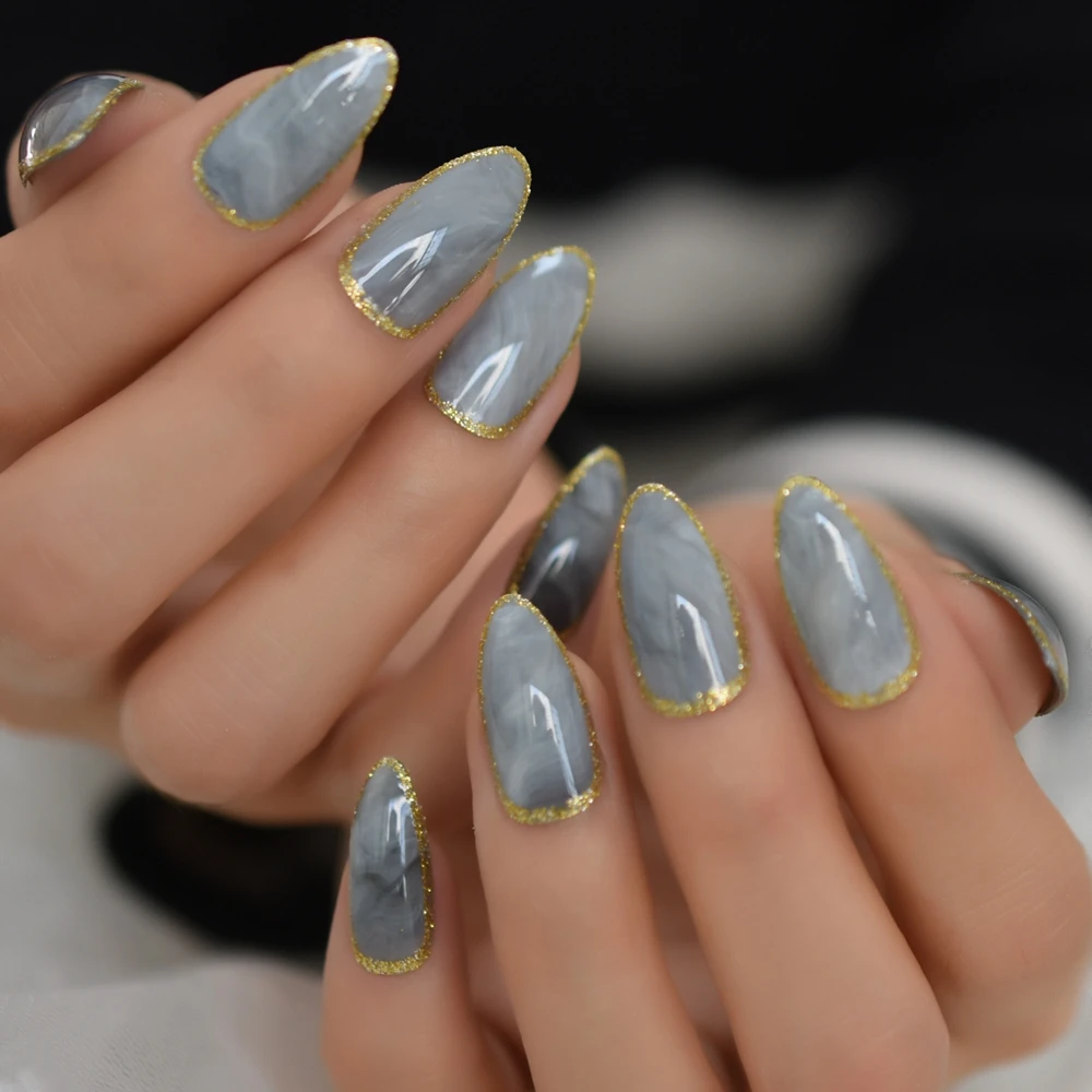 Gray Marble Stiletto False Nails Pre Designs Gold Glitter Almond Fake Nail  Manicure Artificial Nails Tips Free Jelly Sticker - False Nails - AliExpress