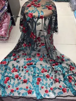 

Green Red African Sequins Lace Fabric 2019 Embroidered Nigerian Laces Fabrics High Quality French Tulle Lace Fabric For Women