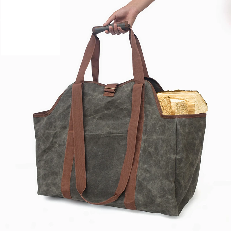 

Waterproof Wax Canvas Firewood Carrier Storage Bag Outdoor Storing Wood Chips Wooden Parts Tote Camping Handbag