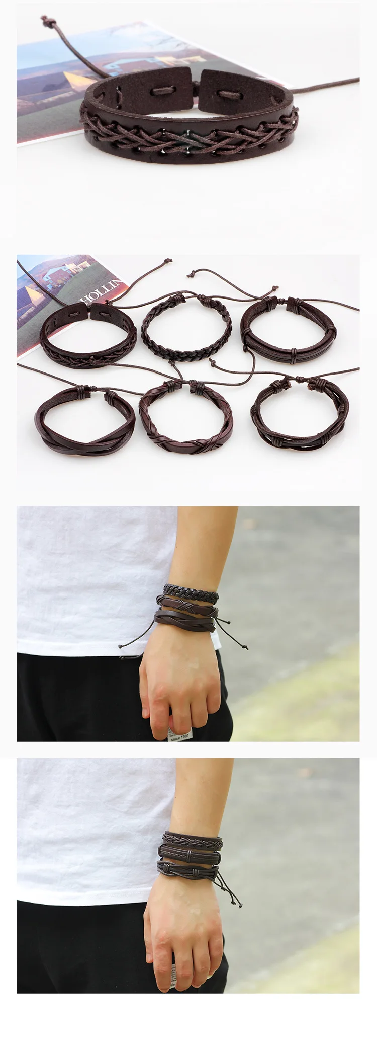 New Jewelry Six-piece Leather Wax Rope Multiple Hand-woven Men's Leather  Bracelet Punk Adjustablebangles