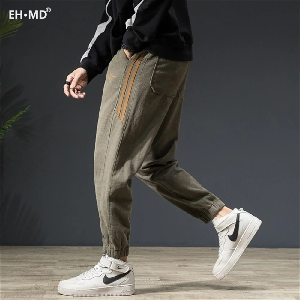 EH·MD® Elastic Waist Tie Jeans Men's Binding Feet High Elasticity Large Size Embroidered Word Art 3D Double Line Pants Thick New