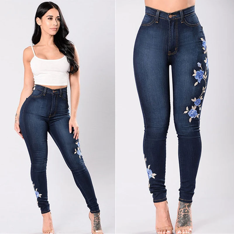 

2019 Women Stretch High Waist Skinny Embroidery Jeans Floral Print Denim Pants Trousers Women Pencil Pant Plus Size Women's Jean