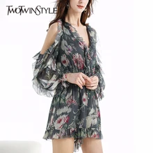 TWOTWINSTYLE женский комбинезон с оборками в стиле пэчворк, с v-образным вырезом, с открытыми плечами, со шнуровкой, короткий, женский, летний, мода, новинка