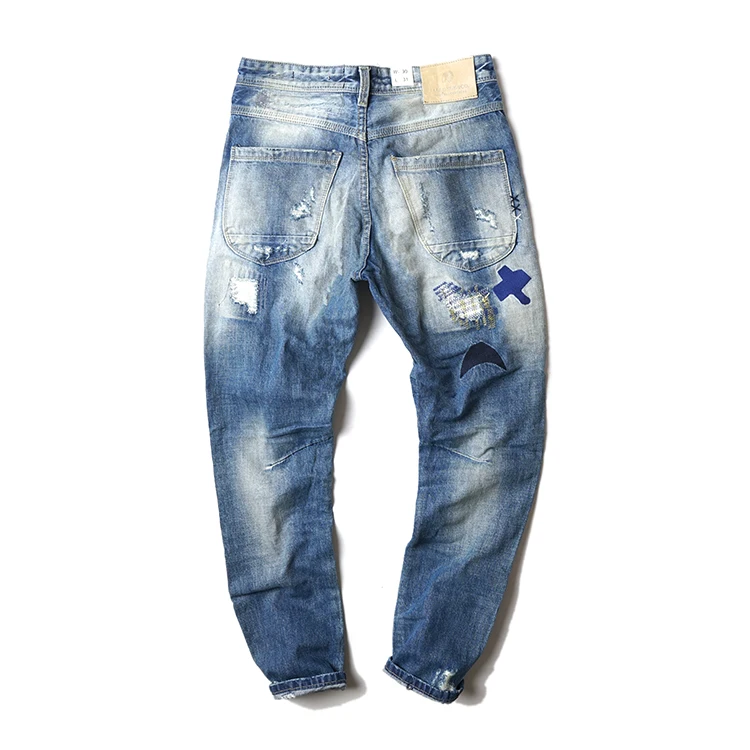 Марка New fashion Hi Street Мужская Мода рваные, потертые джинсы с рисунком пентаграммы Джинсы с вышивкой мужской в стиле «хип-хоп», джинсы