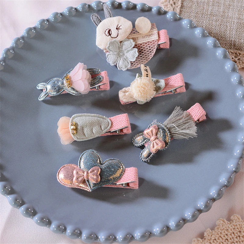 M MISM 6Pcs/Set Flower Animal Geometric Rabbit Kids Girls Cute Child Fabric Hair Clips Hairpins Barrettes Hair Accessories Gift