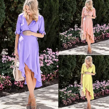 

2019 new pregnant women fashion solid color short-sleeved maternity dress women's casual dress