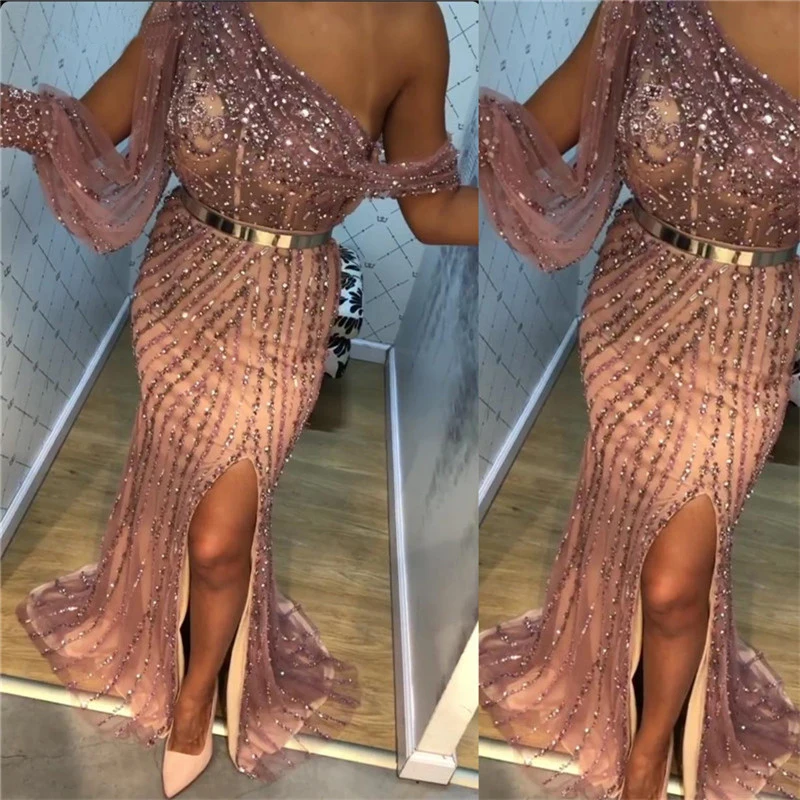  vestidos largo Pink Dubai Lebanon One Shouder Sexy Evening Dresses Luxury  Beaded Split  Crystal Sparkle Evening Gowns  (2)