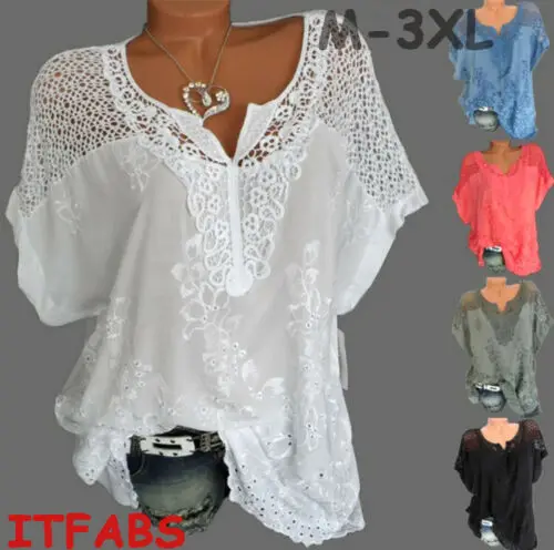 

New Fashion Women Ladies V-Neck Tops Short Sleeve Hollow Out Casual Loose Tops Summer Female T-Shirt Plus Size