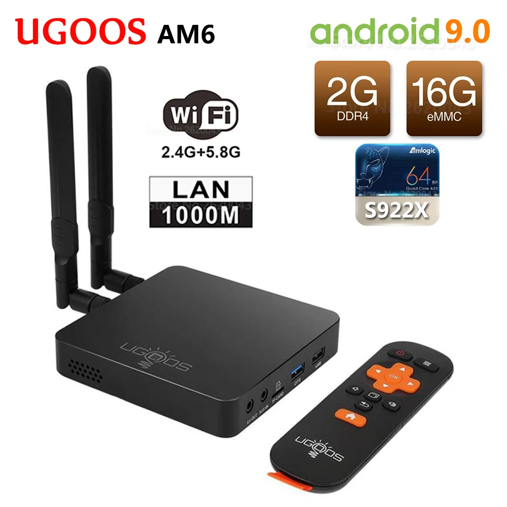  Smart TV Box UGOOS AM6 S922X Android 9.0 DDR4 2GB RAM 16GB ROM 2.4G 5G WiFi 1000M LAN BT 5.0 4K HD 