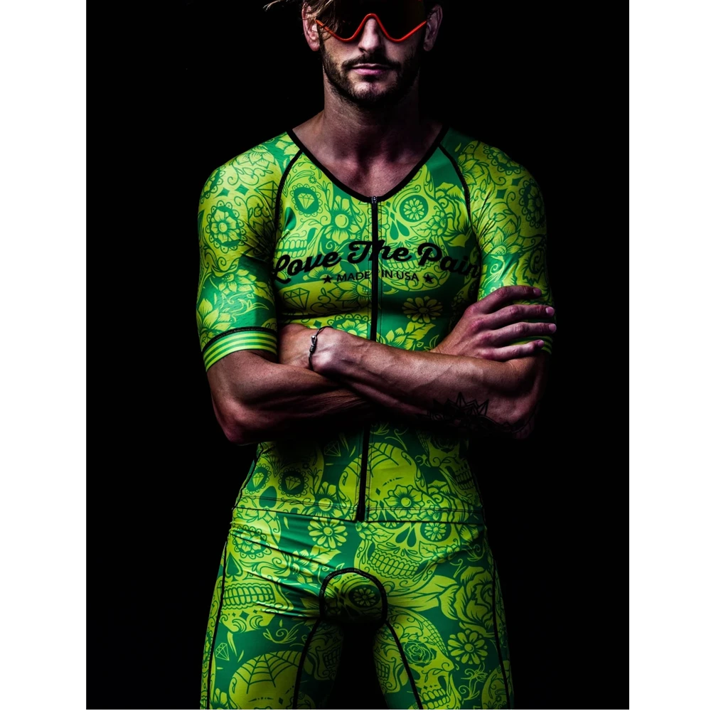 Triathlon Suit Pro Team Love The Pain Men's Green Short Sleeve Cycling Skinsuit Roupa Ciclismo Maillot Jumpsuit Bike Clothing 2