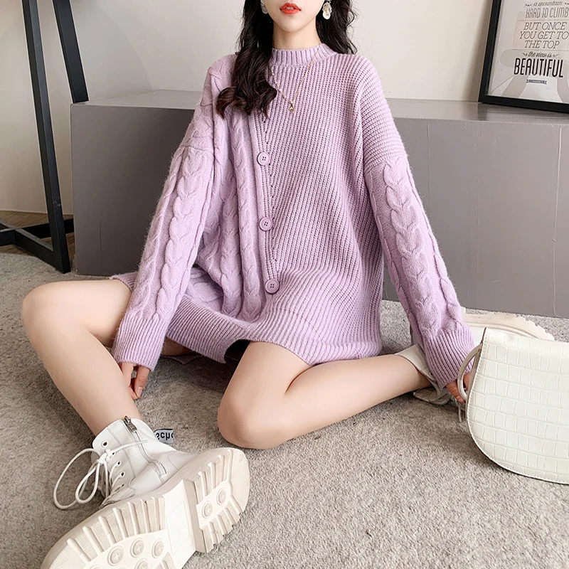 Asymmetrical Knitted Women Sweater And Pullovers Button Solid Thicken Warm Female Outwear Coats Tops | Женская одежда