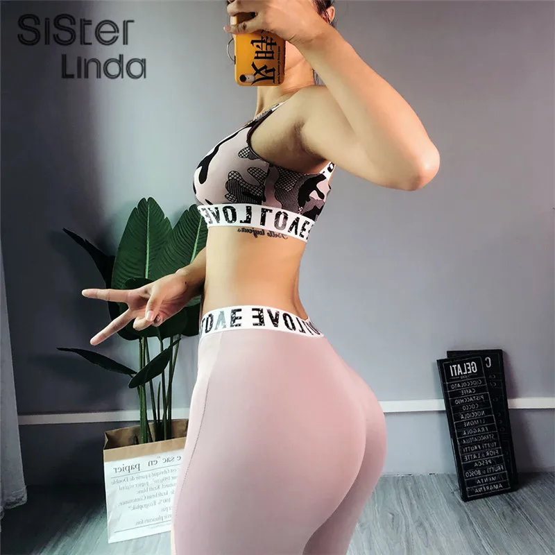 Sisterlinda, модный эластичный спортивный костюм, набор, для женщин, сексуальный, обрезанный Топ, высокая талия, леггинсы, брюки, Mujer, 2 шт, камуфляж, женские наборы