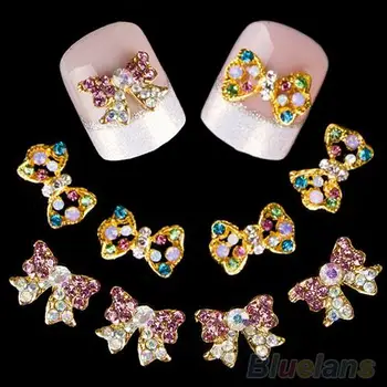 

10pcs 3D Gold Nail Alloy Decoration Bow Design Glitter Rhinestone Nail Art Tips Stickers TN074 TN075