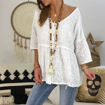 

Plus Size 5XL Lace Tunic White Women's Shirt Hollow Out O-Neck 3/4 Sleeve Tops and Blouses Female 2020 Summer Spring Lady Blouse