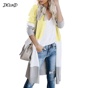 

Fashion Splice Long Sweater Women Autumn Winter Loose Slim Knitted Cardigan Ladies Casual Elegant Warm Striped Sweaters Female