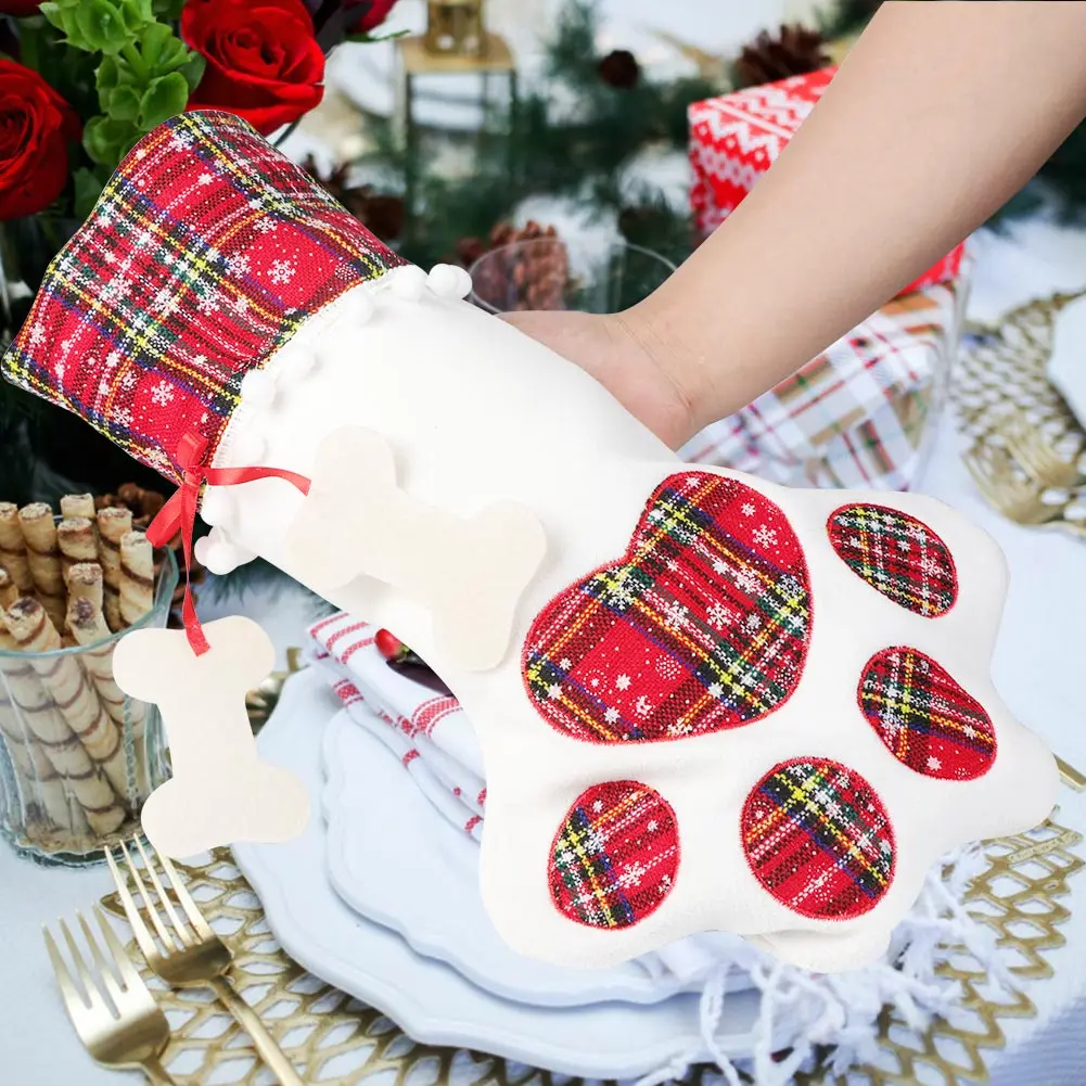 Теплый Красный Клетчатый Рождественский чулок для питомцев, рождественские подарочные сумки для собак, кошек, украшения для новогодней елки, Новогоднее украшение
