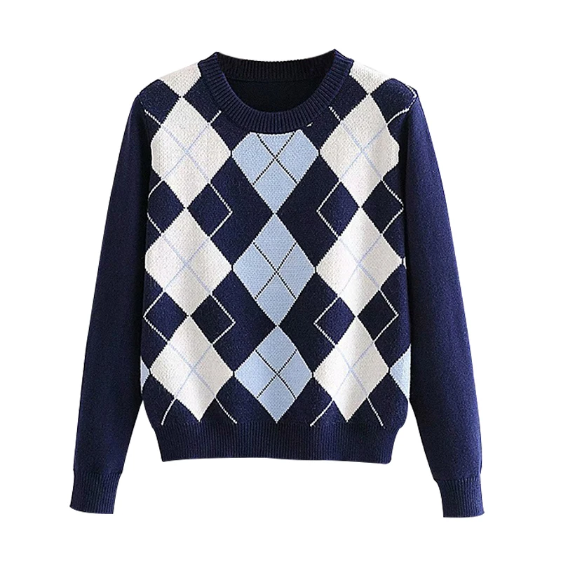 

Women Sweater Pullover 2021 New Fashion Autumn Diamond-Shaped Lattice Women Pullover Sweater Cute British Style Wweater Top