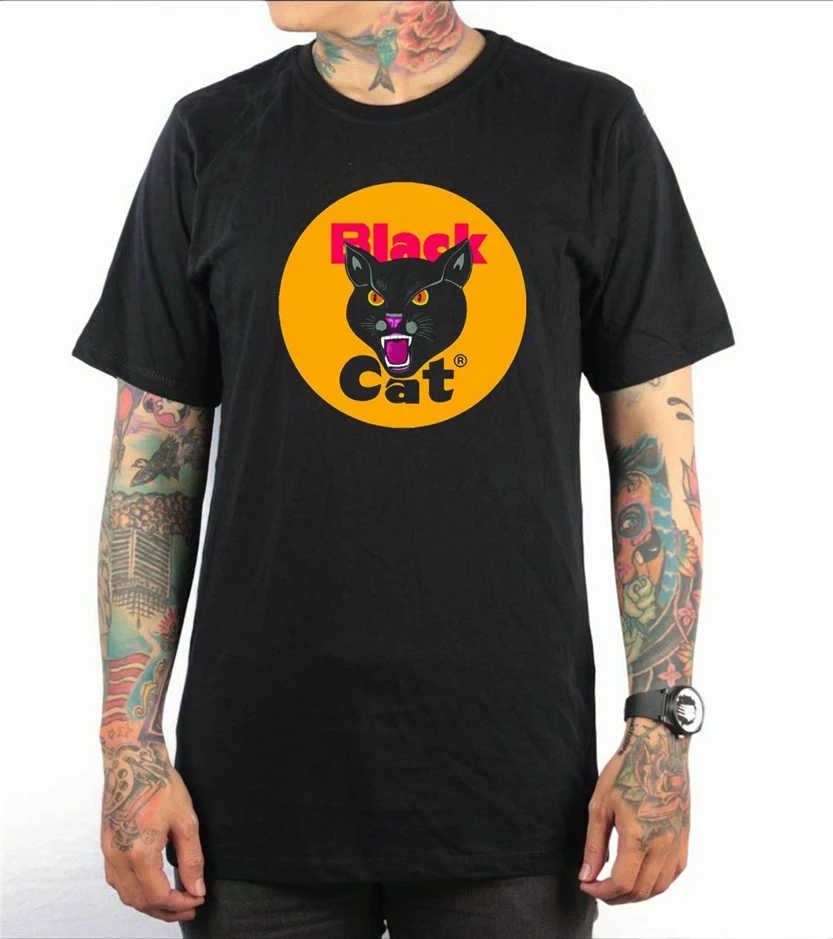 Новый черный Кот фейерверк логотип Футболка размер S M L XL 2XL США Em31 Классический