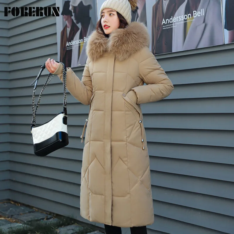

FORERUN Long Winter Jacket and Coat for Women Rabbit Fur Big Hooded Cotton Padding Letter Embroidery OL Lady Slim Long Coat