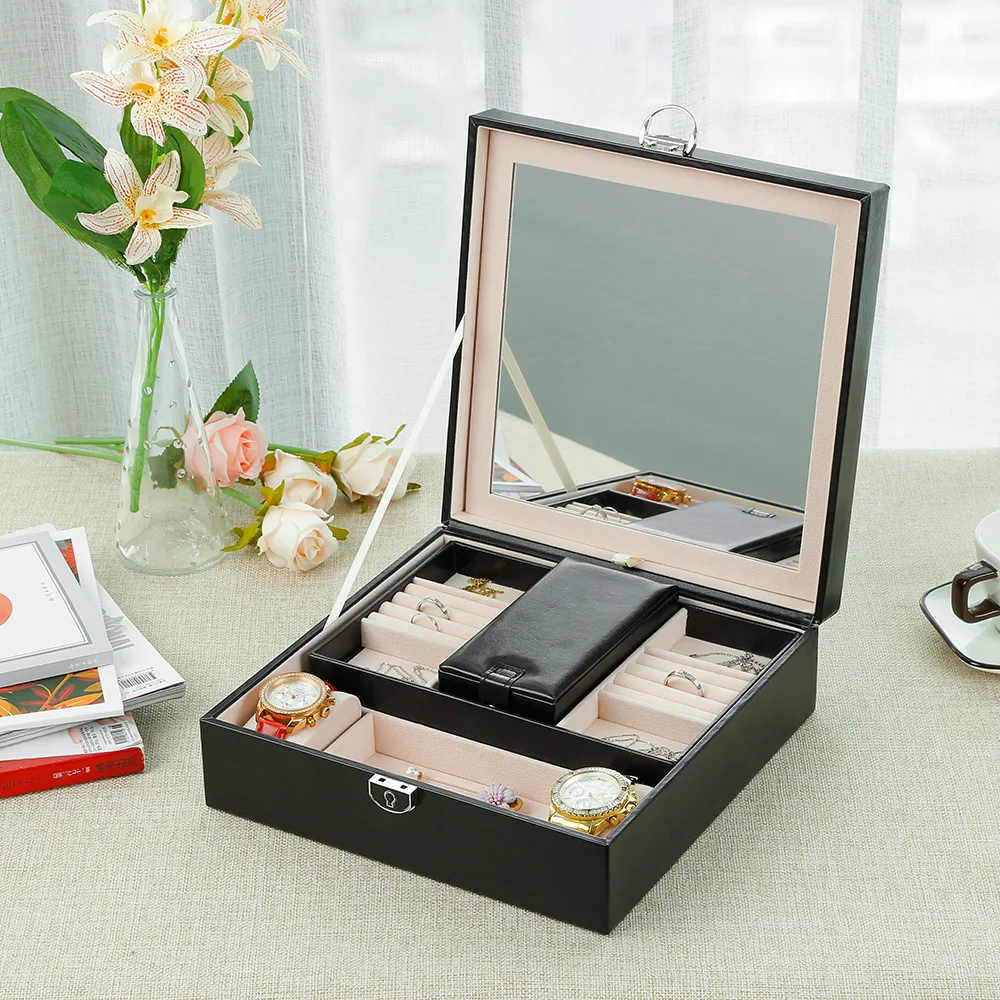 

Jewelry Nail Organizer Storage Box Clock Watch Earrings Ring Case Boxes with Lock Multi-function Travel Leather Storage Box Case