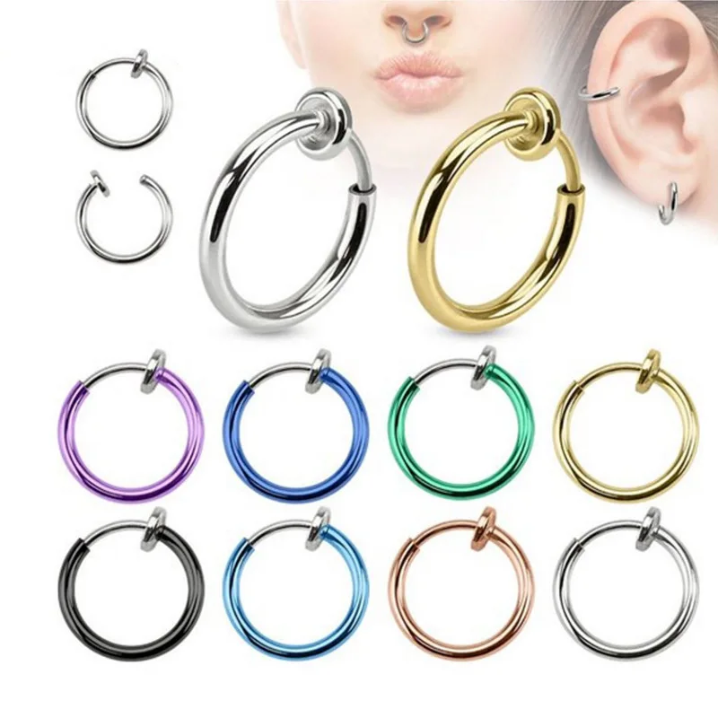 

2pc Fake Earrings Fake Nose Lip Ear Ring Stud Hoop Piercing Punk Non-pierced Earring Hoops Body Jewellery for Men and Women