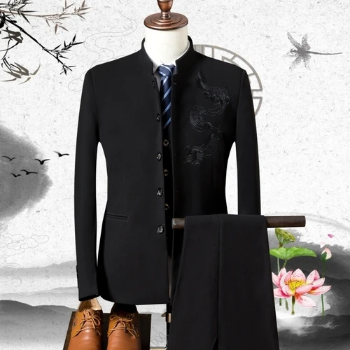 Куртка+ жилет+ брюки) осенний костюм в китайском стиле мужской костюм из трех предметов Вышитый свадебный костюм/Мужские костюмы со штанами - Цвет: Черный